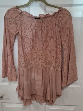 Blush Pink Lace Peasant Blouse with Ruffled Hem